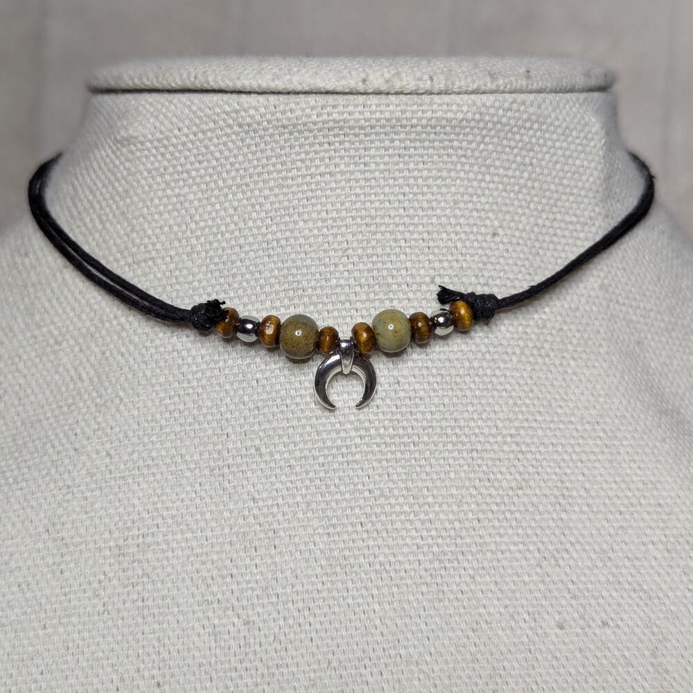 Tiny Crescent Moon Charm Green Ceramic Beaded Boho Whimsical Y2K Choker Necklace